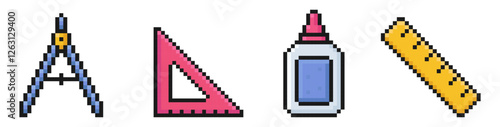 school supplies pixel art icons, back to school, 80s, 90s, old arcade game item style, compass, triangle, ruler, glue, vector illustration