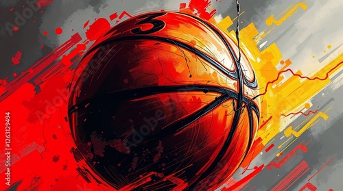 iery Tension: Digital Painting of a Basketball in Dramatic Reds, Oranges, and Yellows photo