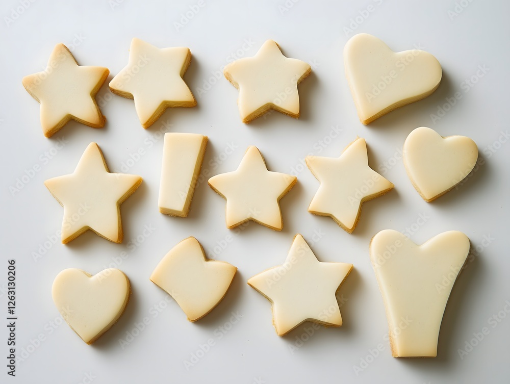 Assorted Sugar Cookies on White Background, Star and Heart Shapes Assorted Sugar Cookies on White Background, Star and Heart Shapes