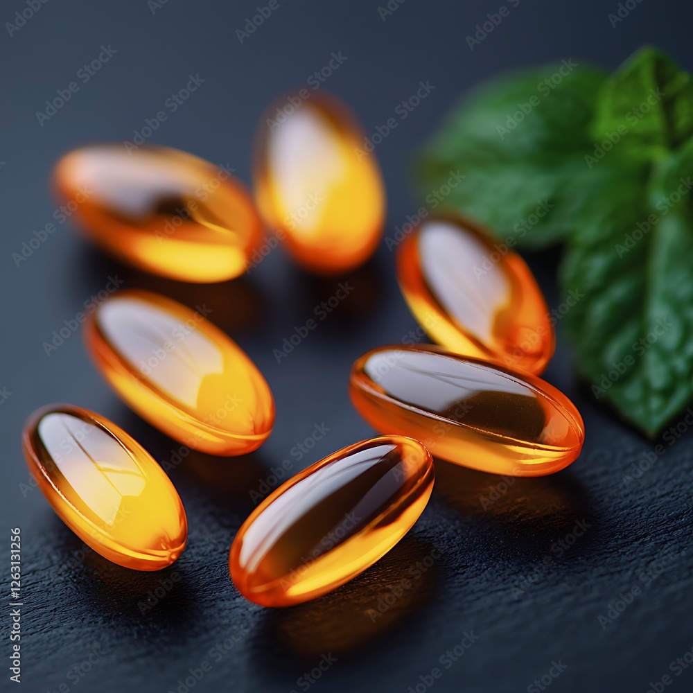 Glowing orange capsules arranged on a dark surface, accompanied by a fresh green mint leaf, suggesting health and wellness. Glowing orange capsules arranged on a dark surface, accompanied by a fresh green mint leaf, suggesting health and wellness.