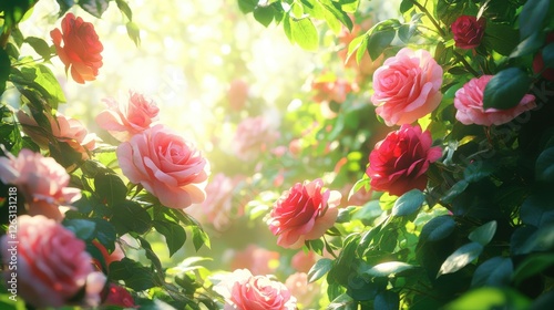 A beautiful garden with many pink roses