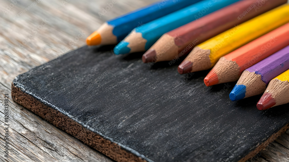 Obraz premium Colorful wooden pencils arranged on a small black slate chalkboard over a rustic wooden table.