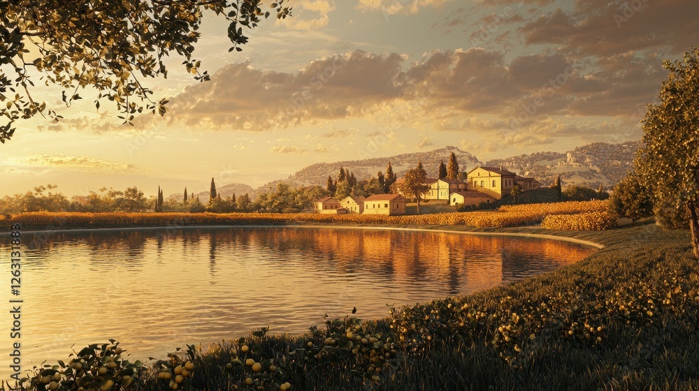Obraz premium 3D Lakefront Village at Golden Dusk
