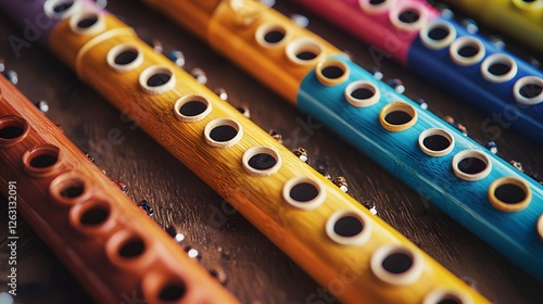 Colorful wooden kazoos arranged on rustic surface. Collection of handcrafted instruments of diversity in design, musical creativity and artistic craftsmanship photo