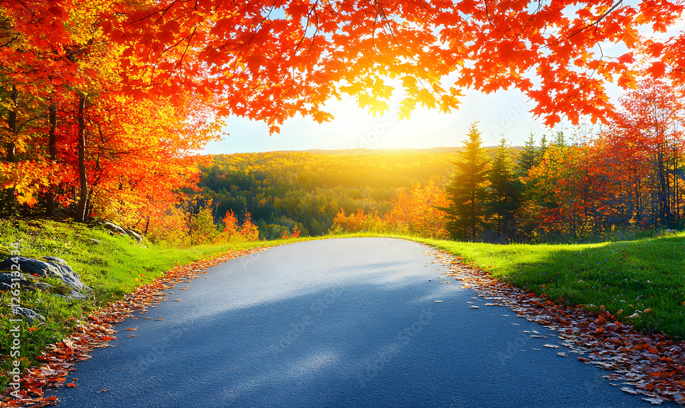Obraz premium Scenic autumn road winding through vibrant fall foliage, bathed in golden sunlight. Perfect for travel, nature, and seasonal themes.