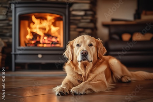 Wallpaper Mural Golden retriever relaxing warmly in front of a cozy wood burning stove during a chilly evening at home Torontodigital.ca