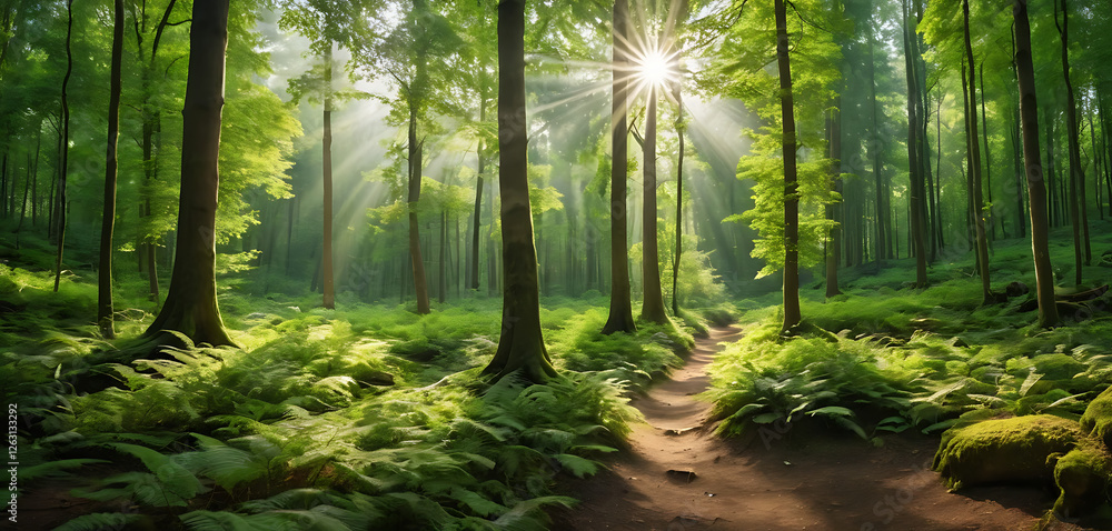 Sunlit Forest Panorama with Lush Greenery and Sun Rays ,Scenic Woodland Landscape Background Sunlit Forest Panorama with Lush Greenery and Sun Rays ,Scenic Woodland Landscape Background