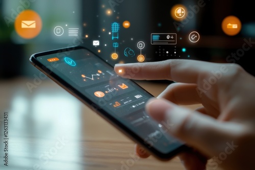 User engages with mobile app displaying analytics and notifications during the day