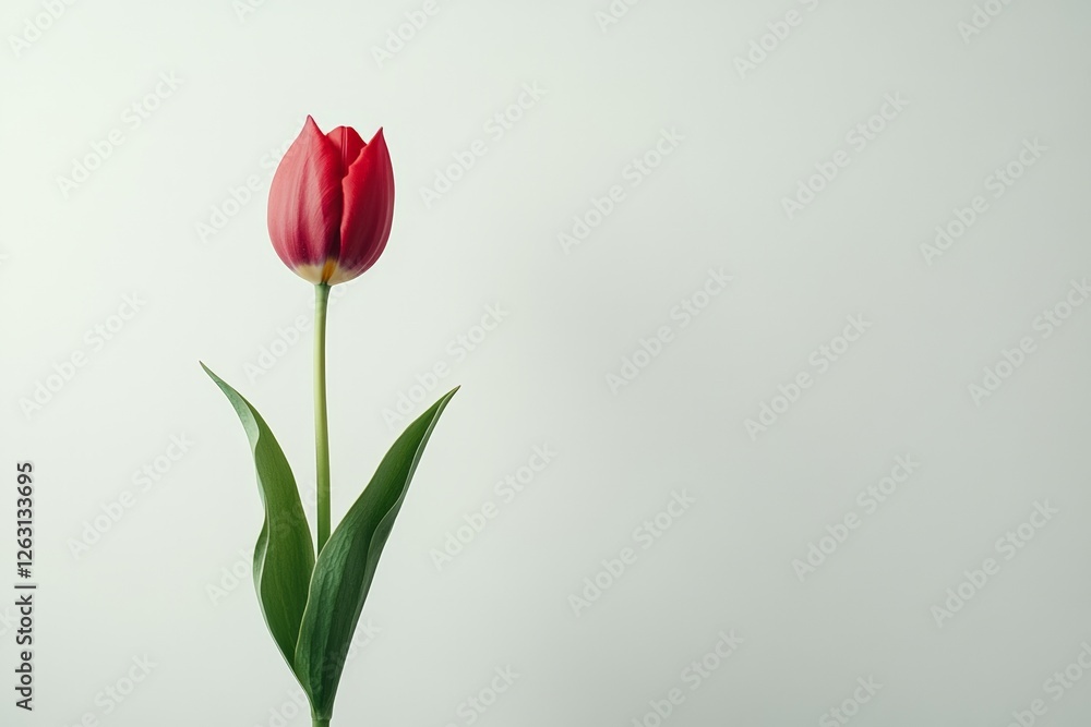 Single red tulip isolated on light background with green leaves Single red tulip isolated on light background with green leaves