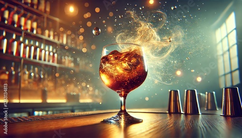 A photorealistic scene of a cocktail glass on a bar counter filled with a fizzy, amber-colored beverage
