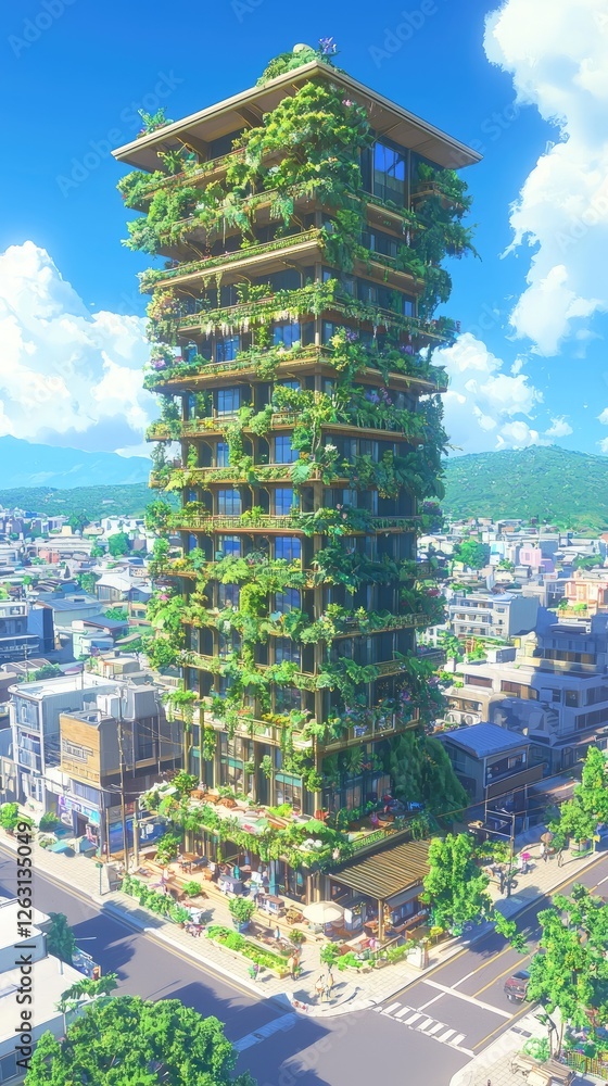 Obraz premium Green vertical city building, sunny day, tropical plants, urban background; architectural design