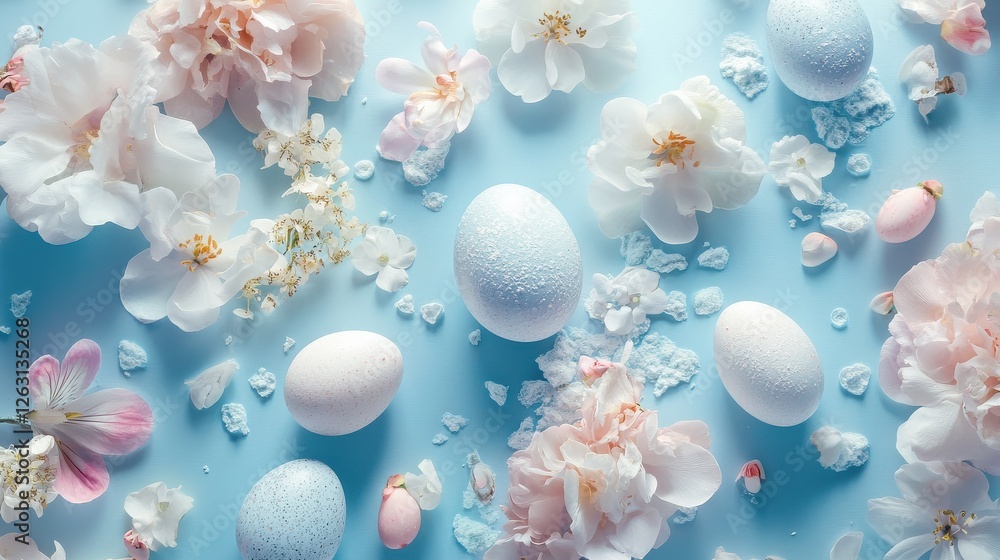 Fototapeta premium Easter Eggs and Floral Details on Pastel Blue