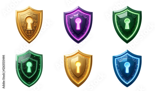 collection of colorful shields with keyholes, representing security and protection