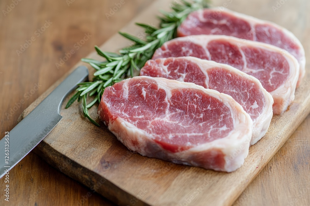 Fresh raw pork chops with rosemary on wooden cutting board Fresh raw pork chops with rosemary on wooden cutting board