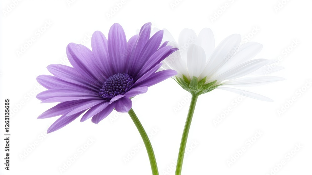 Exquisite still life, two purple and white flowers on a white background two Exquisite still life, two purple and white flowers on a white background two