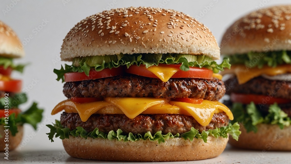 Stacked burgers with melted cheese and fresh veggies on a light background, copy space Stacked burgers with melted cheese and fresh veggies on a light background, copy space