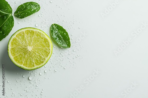 Fresh lime with water droplets on light green background