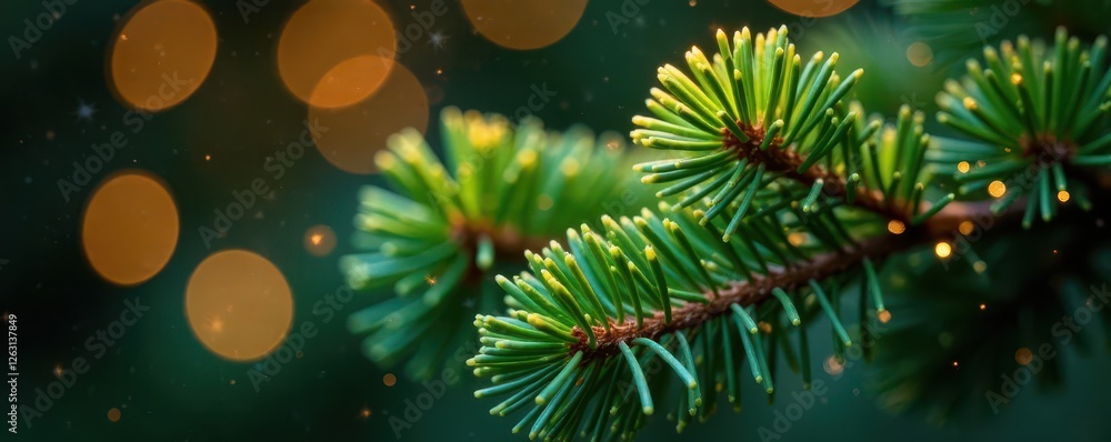 Close-up glittering pine needles, festive bokeh , christmas, texture Close-up glittering pine needles, festive bokeh , christmas, texture