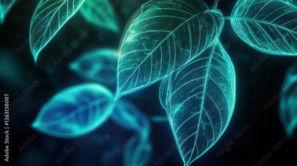 Obraz premium Glowing Tropical Leaves in Neon Blue and Green Ultr