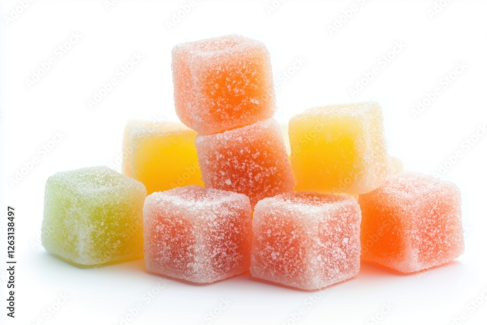 Sugar coated gummy cubes stacked artistically isolated on white background Sugar coated gummy cubes stacked artistically isolated on white background