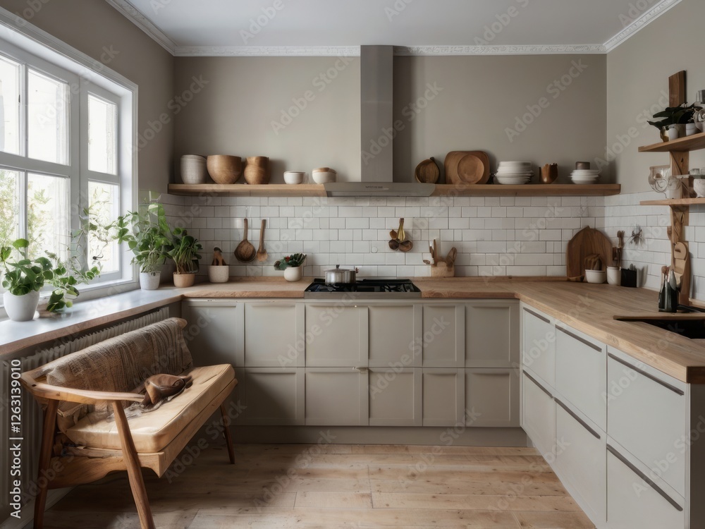 Fototapeta premium Modern Farmhouse Kitchen With Wooden Accents And Plants