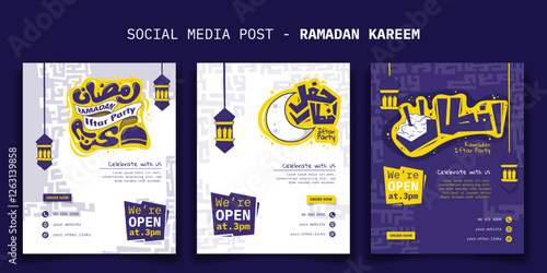 Set of portrait social media post template with arabic typography and lantern in cartoon design