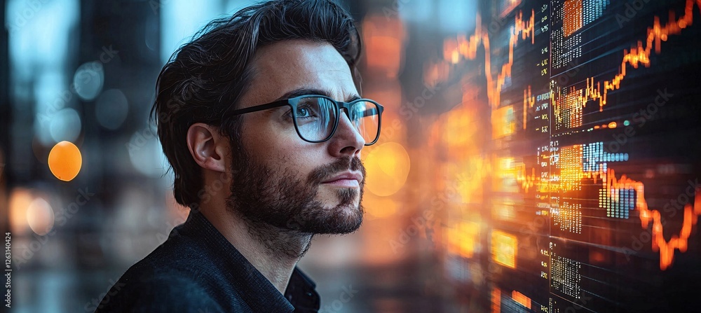 A professional investor or financial analyst observes fluctuating stock market charts with intense focus. The glowing data visualizations reflect off their glasses, symbolizing insight and strategy A professional investor or financial analyst observes fluctuating stock market charts with intense focus. The glowing data visualizations reflect off their glasses, symbolizing insight and strategy