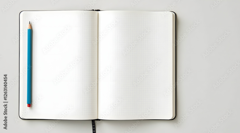 A blank notebook open on a clean surface with a blue pencil resting beside it inviting creativity and ideas A blank notebook open on a clean surface with a blue pencil resting beside it inviting creativity and ideas
