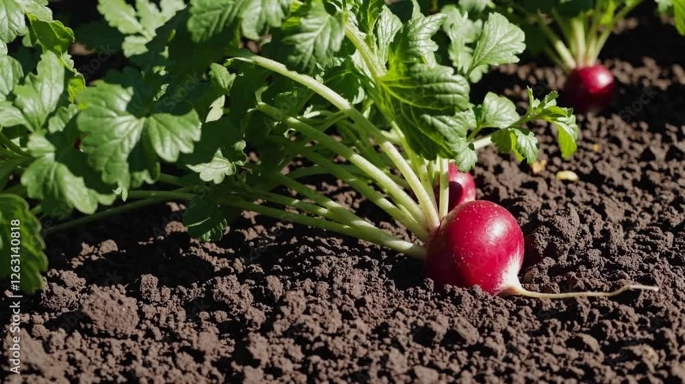 Slow Motion Shot of Bright Red Radishes in a Garden with Sunlight – Vibrant Fresh Root Vegetables, Lush Green Leaves, Rich Earthy Soil, Sunlight Casting a Warm Glow, Organic Farming Beauty, Crisp Slow Motion Shot of Bright Red Radishes in a Garden with Sunlight – Vibrant Fresh Root Vegetables, Lush Green Leaves, Rich Earthy Soil, Sunlight Casting a Warm Glow, Organic Farming Beauty, Crisp