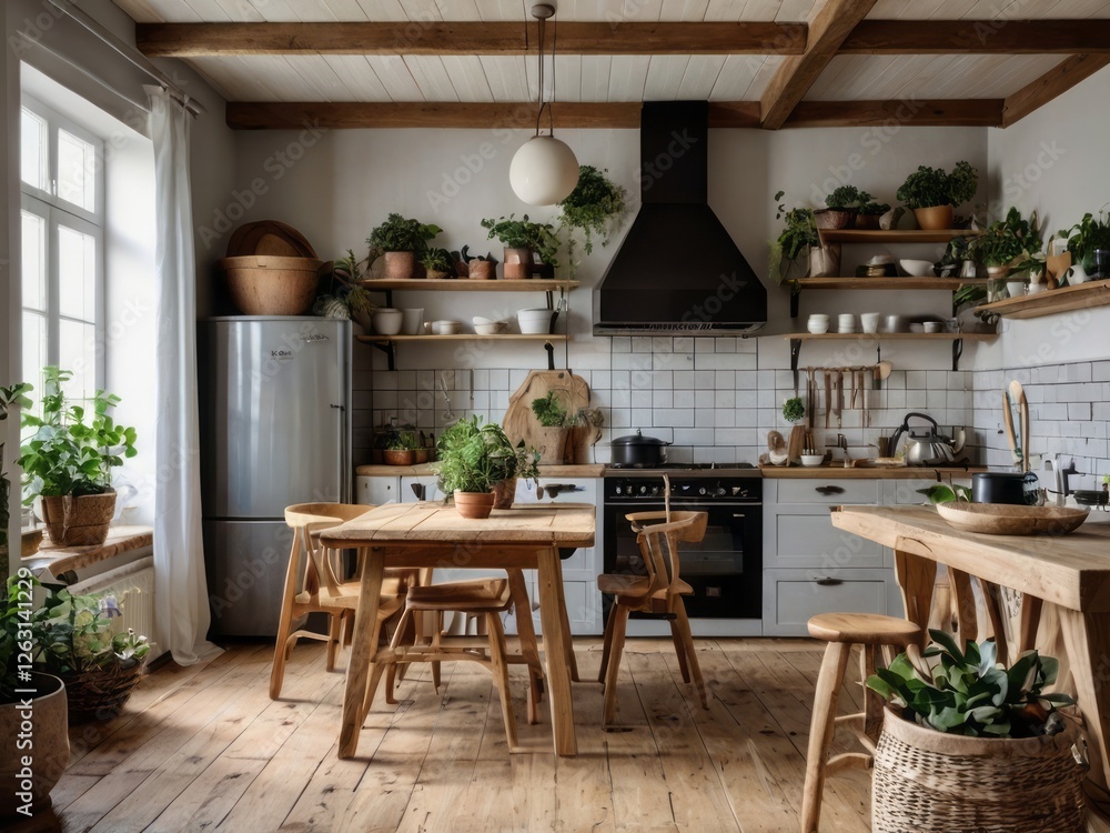 Rustic Kitchen Design With Abundant Plants And Wooden Furniture Rustic Kitchen Design With Abundant Plants And Wooden Furniture