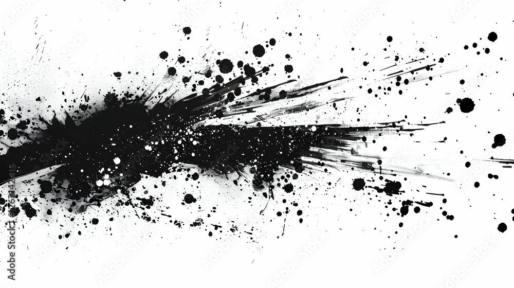 Obraz premium Abstract black ink splash with dynamic streaks and splatters on a white background