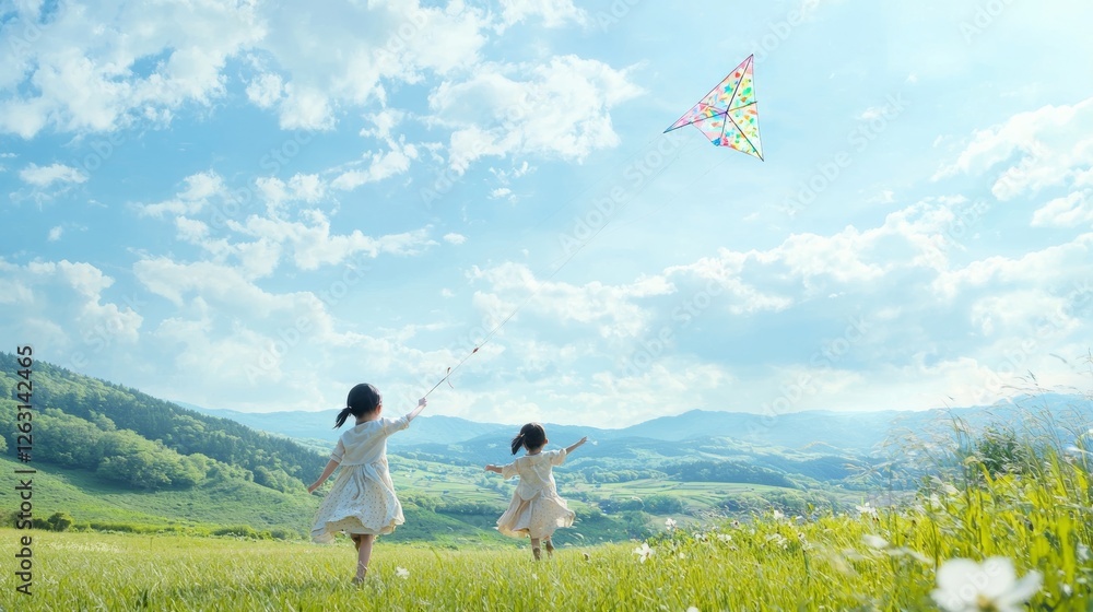 Obraz premium Children running through a green field flying a kite, digital painting