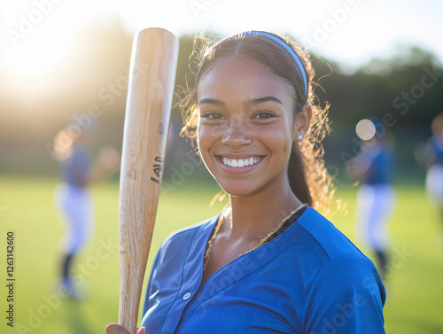 Athlete softball female player in blue uniform, holding wooden bat, smiling with confidence during warm-up