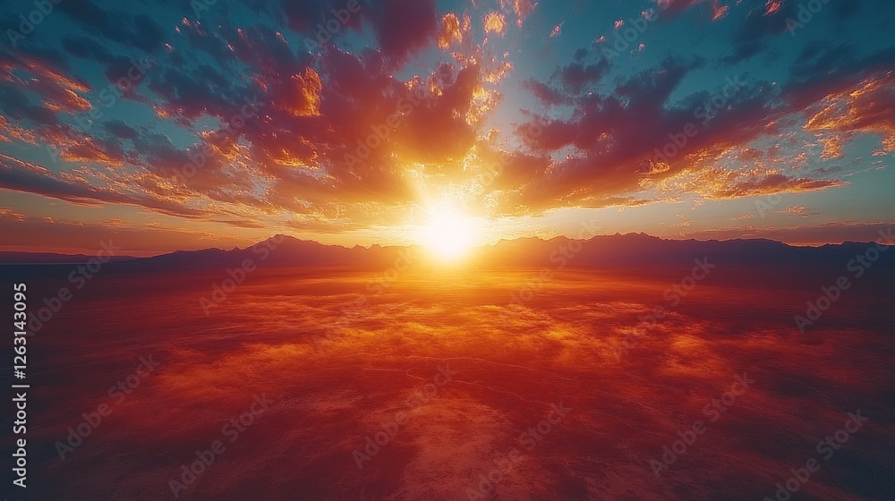Fiery Sunset Over Mountain Range And Plains Fiery Sunset Over Mountain Range And Plains