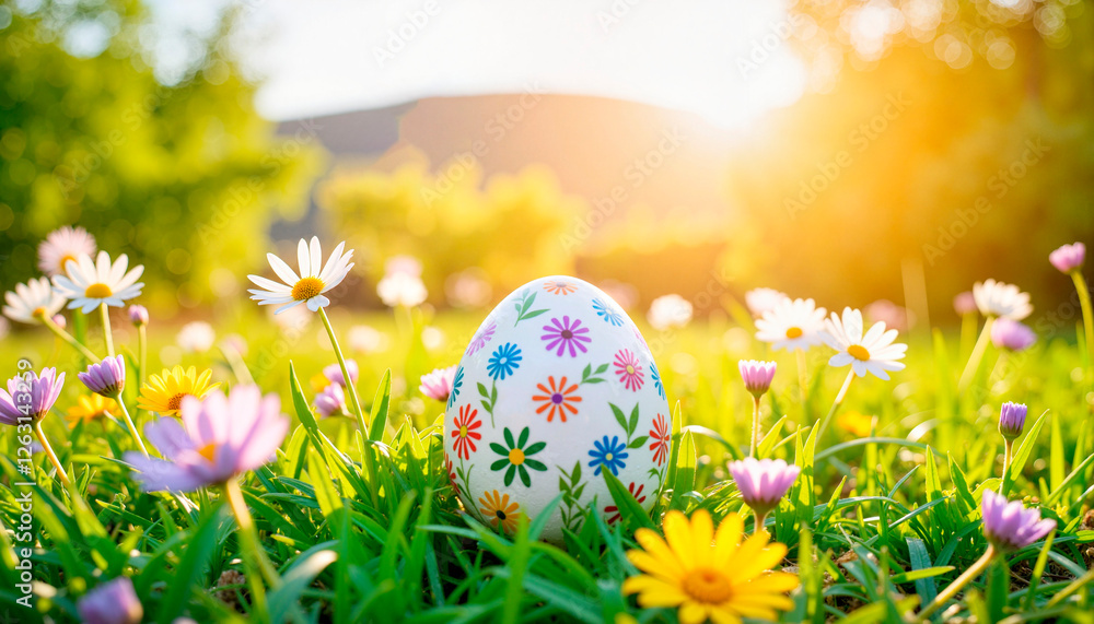 Fototapeta premium Colorful Easter egg nestled among wildflowers in sunny countryside, celebration