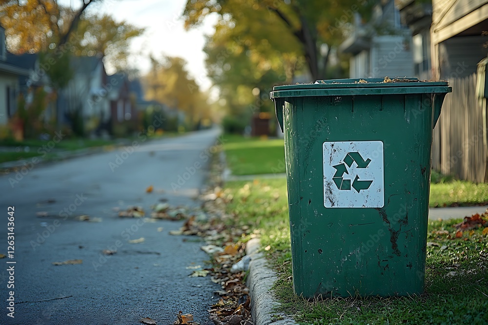 Green Recycling Bin on a Residential Street in Autumn Green Recycling Bin on a Residential Street in Autumn