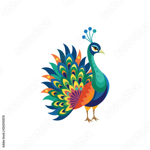 Elegant Peacock Vector Illustration with Colorful Feather Display on White Background