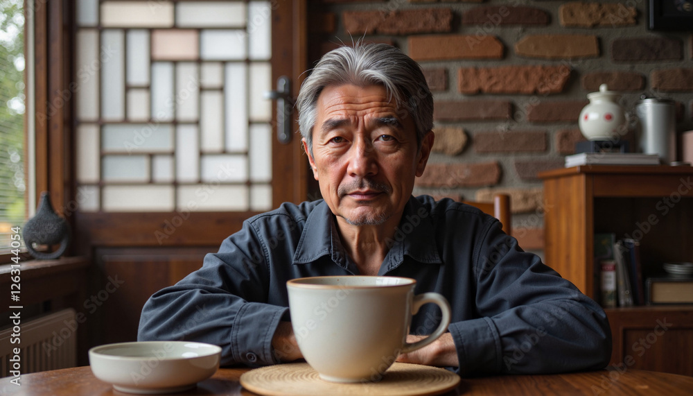 Elder man with expressive eyes enjoying tea in a traditional tea house, mindfulness Elder man with expressive eyes enjoying tea in a traditional tea house, mindfulness