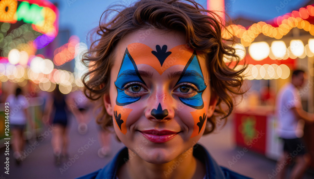 Child with painted face smiling at carnival, joyful celebration Child with painted face smiling at carnival, joyful celebration