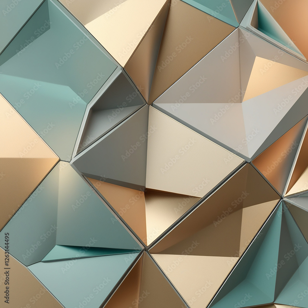 A geometric arrangement of interconnected triangles in shades of teal, gold, and white, creating a faceted, crystalline pattern. A geometric arrangement of interconnected triangles in shades of teal, gold, and white, creating a faceted, crystalline pattern.