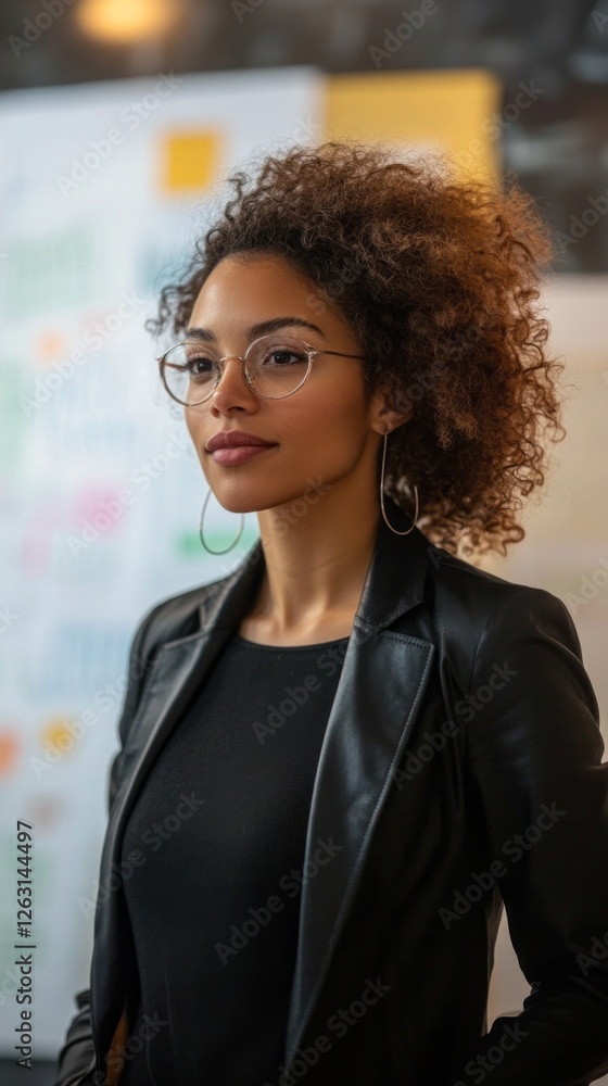 Woman confidently directs a strategic session in a contemporary office, utilizing a digital flowchart to effectively navigate the product development process with her team. Woman confidently directs a strategic session in a contemporary office, utilizing a digital flowchart to effectively navigate the product development process with her team.