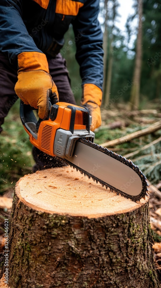 Snow falls gently around a chainsaw placed on a tree stump with cut wood scattered in a peaceful winter forest setting Snow falls gently around a chainsaw placed on a tree stump with cut wood scattered in a peaceful winter forest setting