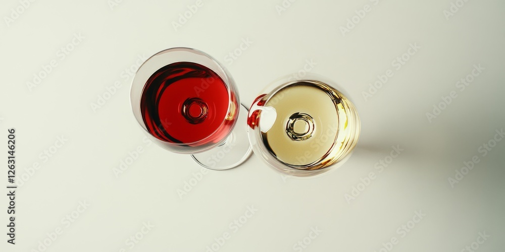 Top-down view of two wine glasses with red and white wine on a minimalistic background with soft lighting Top-down view of two wine glasses with red and white wine on a minimalistic background with soft lighting