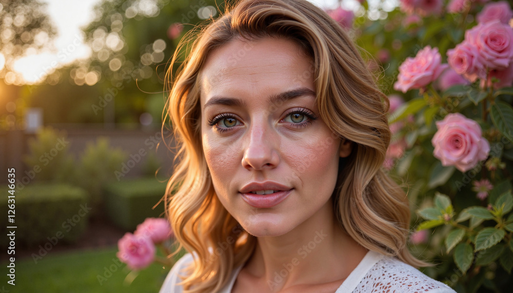 Elegant woman smiling in garden at dusk, natural beauty Elegant woman smiling in garden at dusk, natural beauty