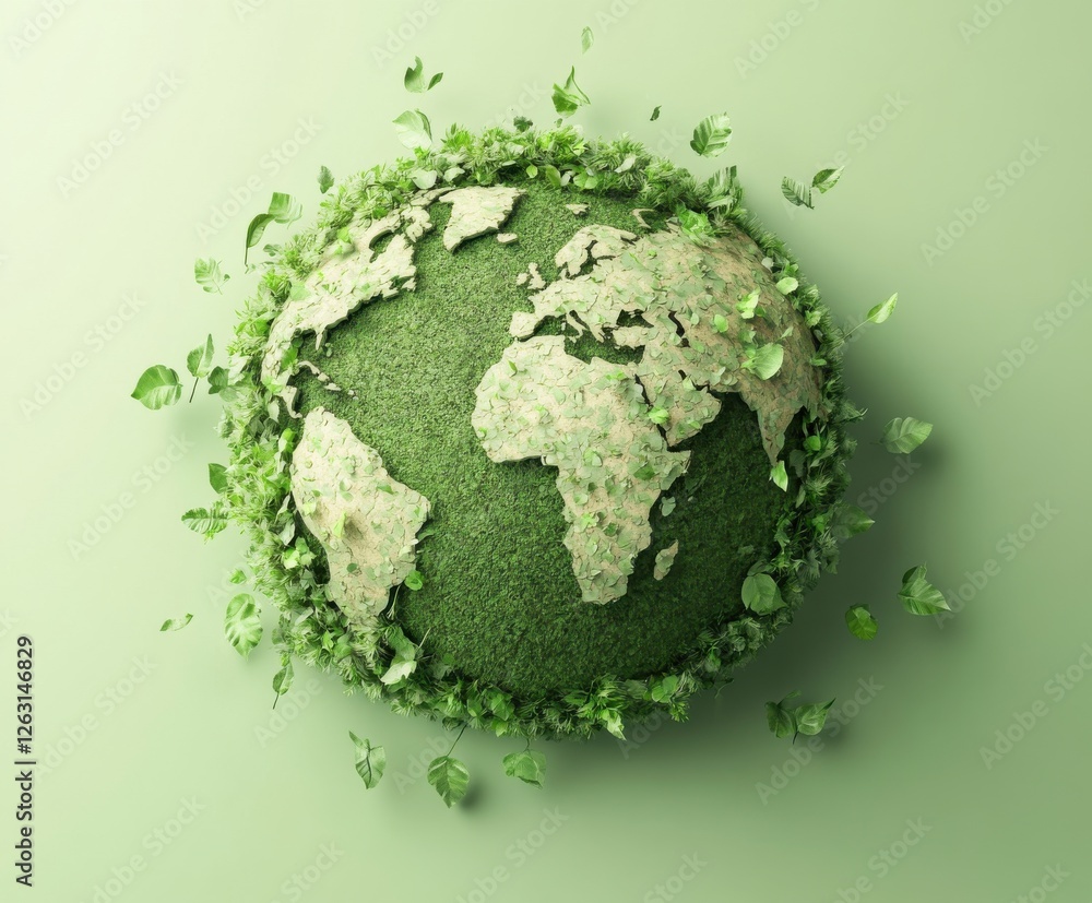 Earth in green with leaves and grass on light background Earth in green with leaves and grass on light background