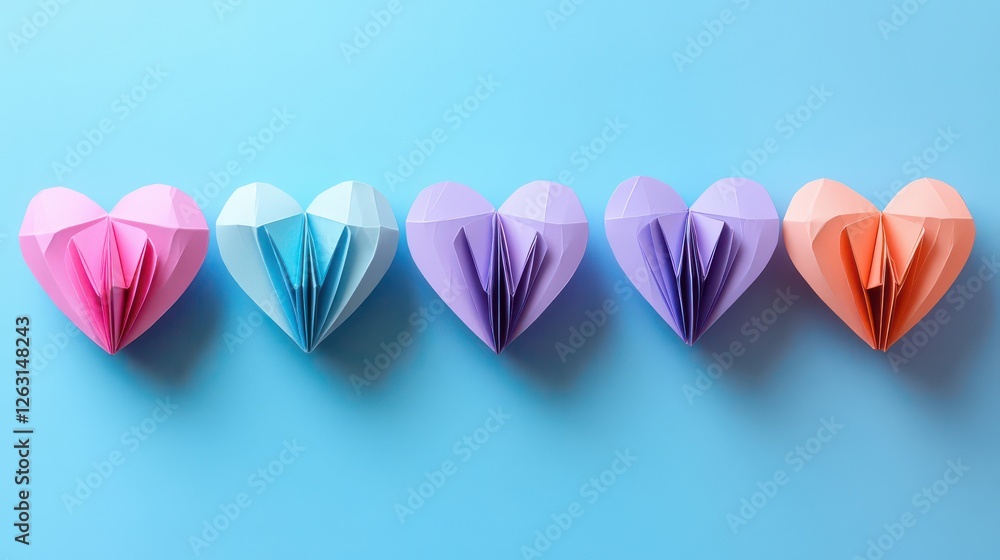 Fototapeta premium Colorful Paper Hearts on Blue Background