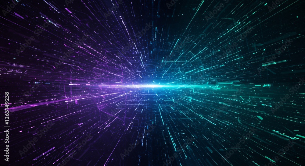 A futuristic digital scene with neon purple and blue light streaks converging at a central point, symbolizing data speed, AI, and deep space travel in a high-tech cyber environment. A futuristic digital scene with neon purple and blue light streaks converging at a central point, symbolizing data speed, AI, and deep space travel in a high-tech cyber environment.