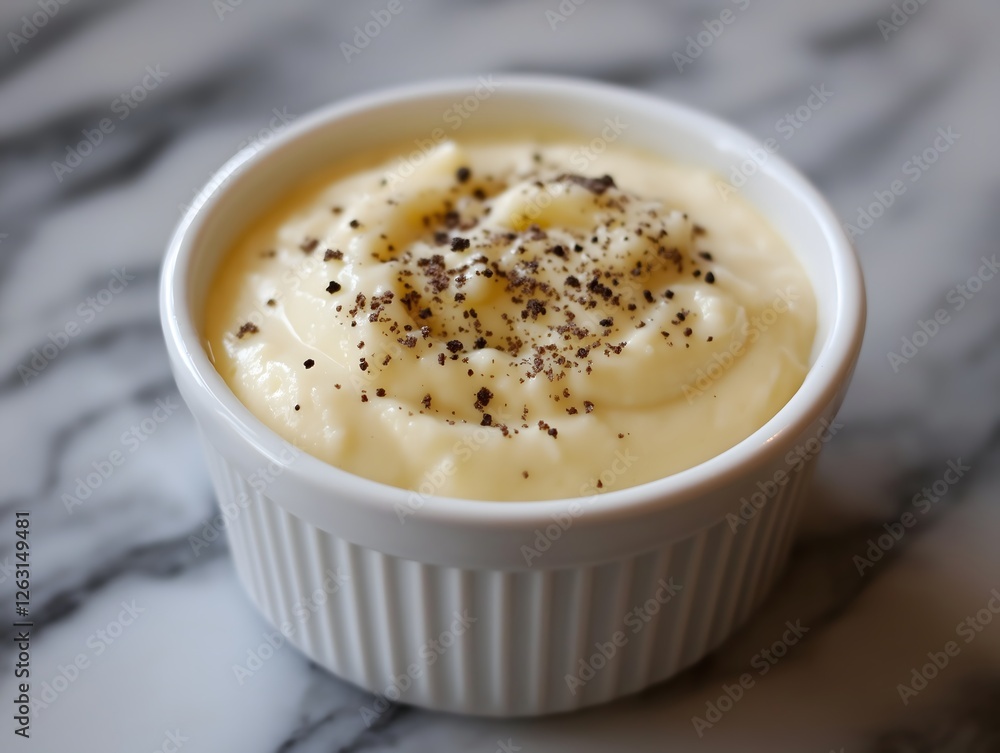 Creamy Vanilla Pudding in Ramekin with Chocolate Sprinkle Close-up Creamy Vanilla Pudding in Ramekin with Chocolate Sprinkle Close-up