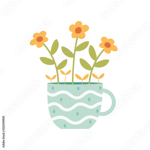 Spring Flowers in Decorative Pot. Cute Summer Floral. Aesthetic Flat Illustration