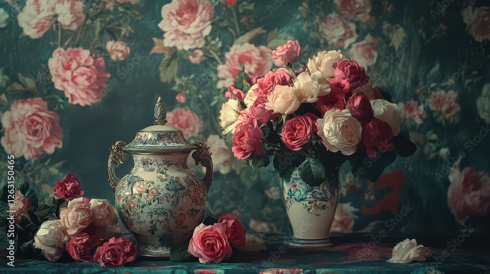 Obraz premium Elegant Floral Arrangement with Antique Vases